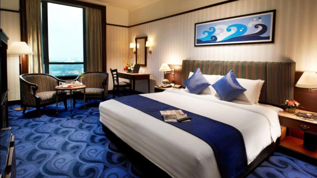 luxurious hotel room with lights on